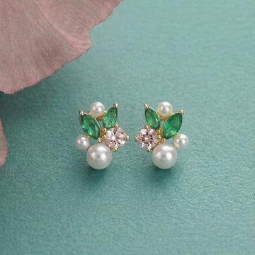 Emerald Leaf Pearl Earrings [E110]