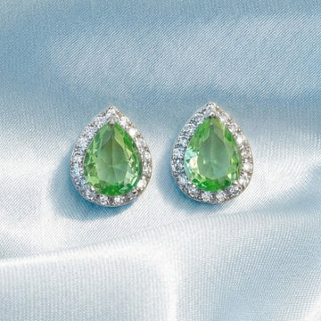 Green Pear Halo Stud Earrings [E194]