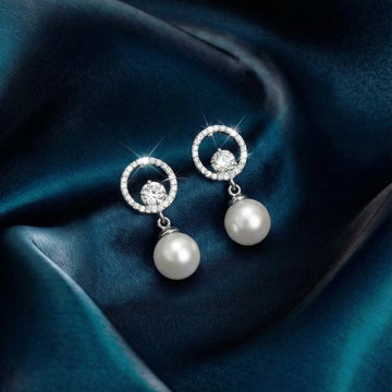 Silver Circle Pearl Dangle Earrings [H]E464