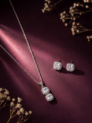 Diamond Aura Double Square Silver Set [A]S078