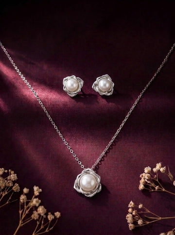 Elysian Rose Pearl Necklace & Earrings Set [H]S073