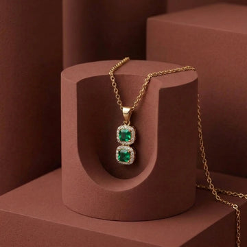 Diamond Aura Double Square Emerald Necklace [A]N213