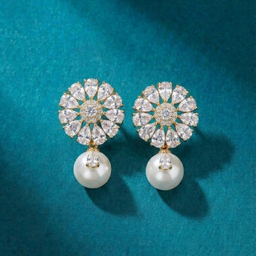 Crystal Blossom Pearl Drop Earrings [H]E565