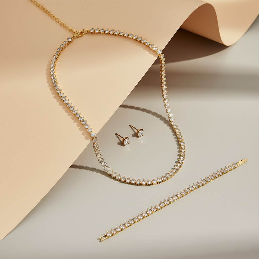 CUBIC ZIRCON TRIO ELEGANCE; TOPS, NECKLACE AND BRACELET SET [H]S057