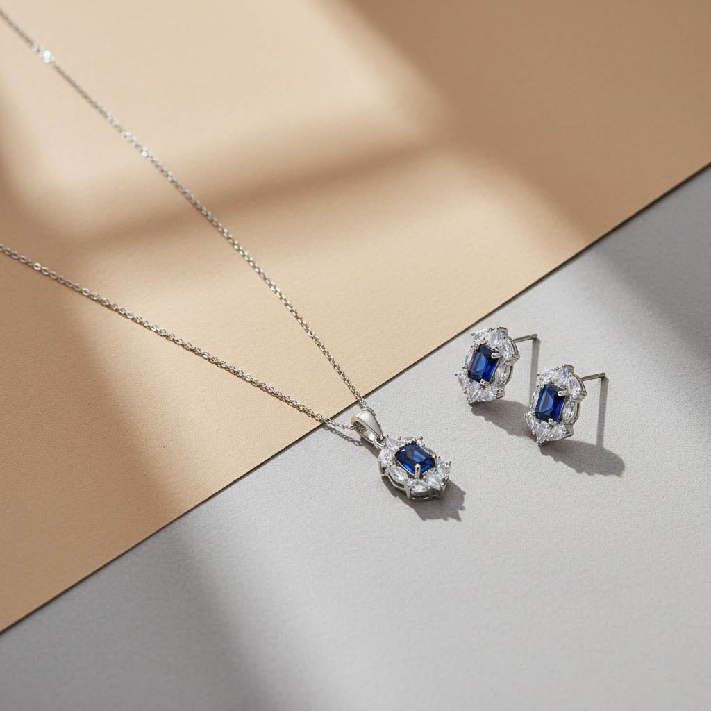 SAPPHIRE SPARKLE EARRINGS AND NECKLACE SET S060